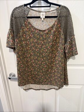 Self Esteem Olive Floral Crochet-Sleeve Top